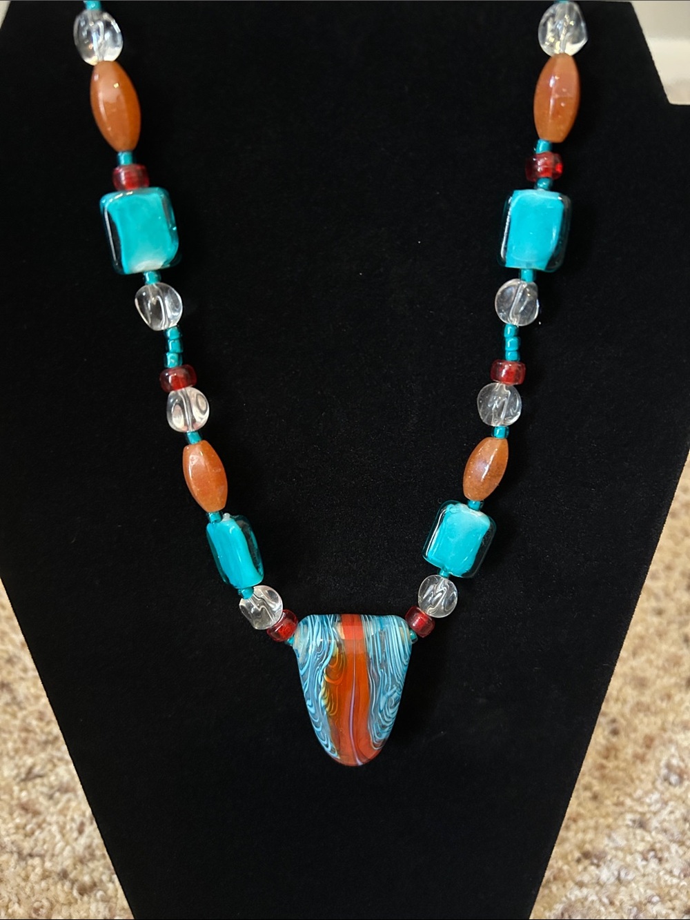 Turquoise and Orange Glass Bead Pendant Necklace - Women Jewelry